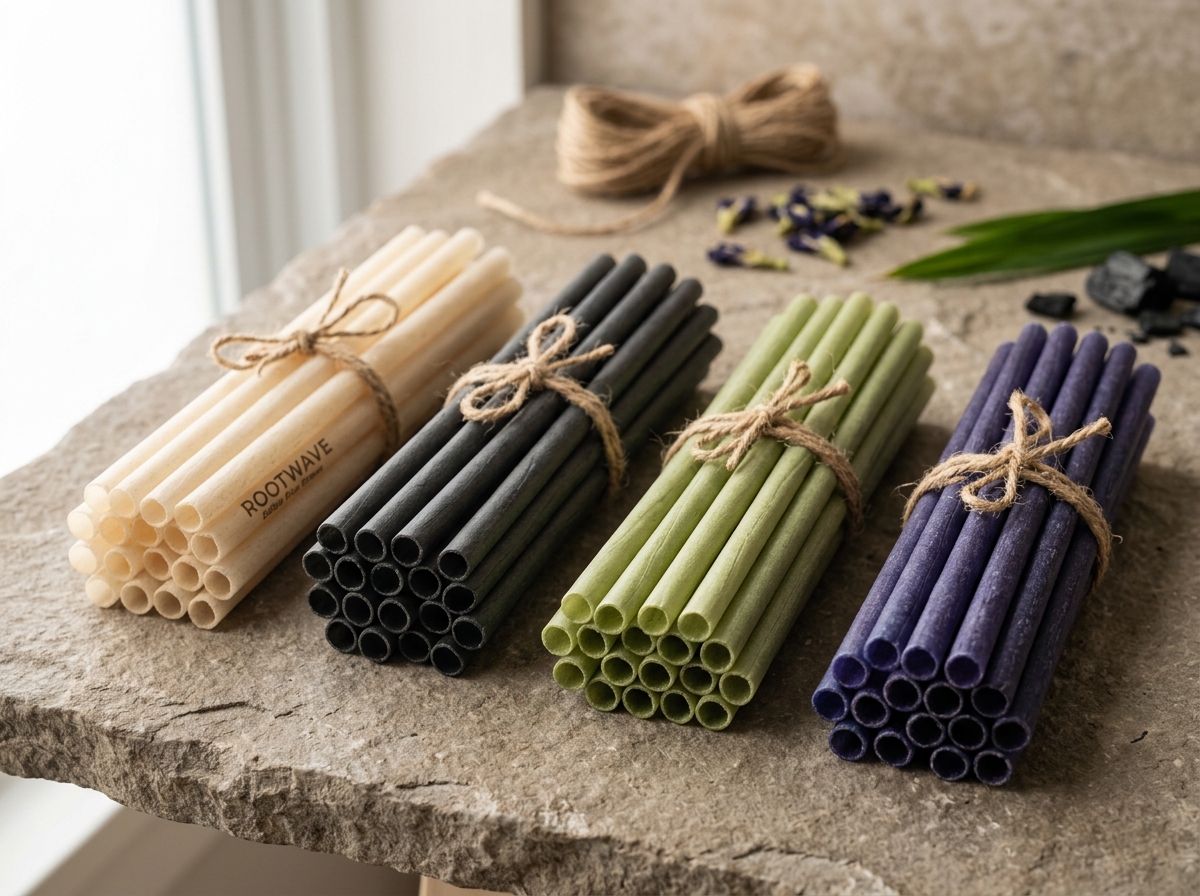 Assortment of Rootwave natural edible rice straws in cream, charcoal, pandan, and butterfly pea