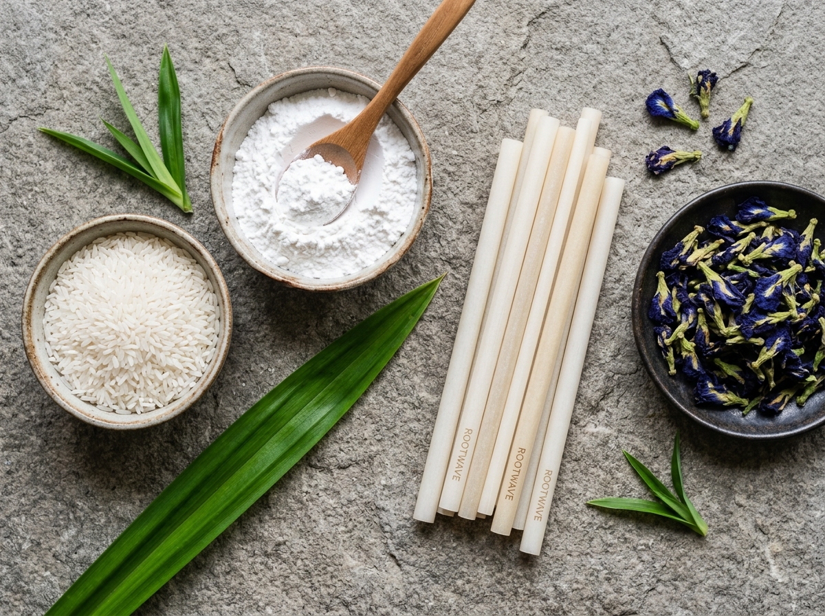 Raw broken rice grain and tapioca starch for edible rice straw manufacturing